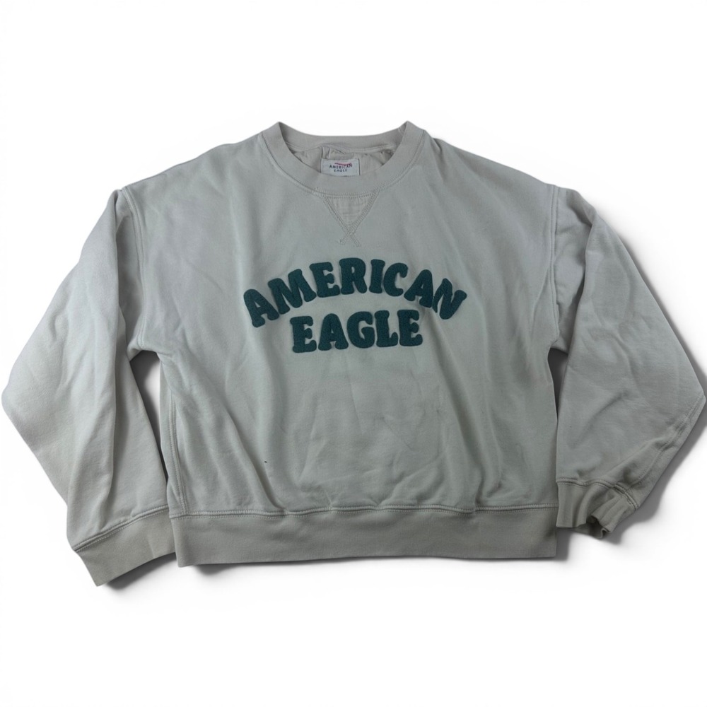 American Eagle Sweatshirt Women M White Relaxed Pullover Preppy Athletic College